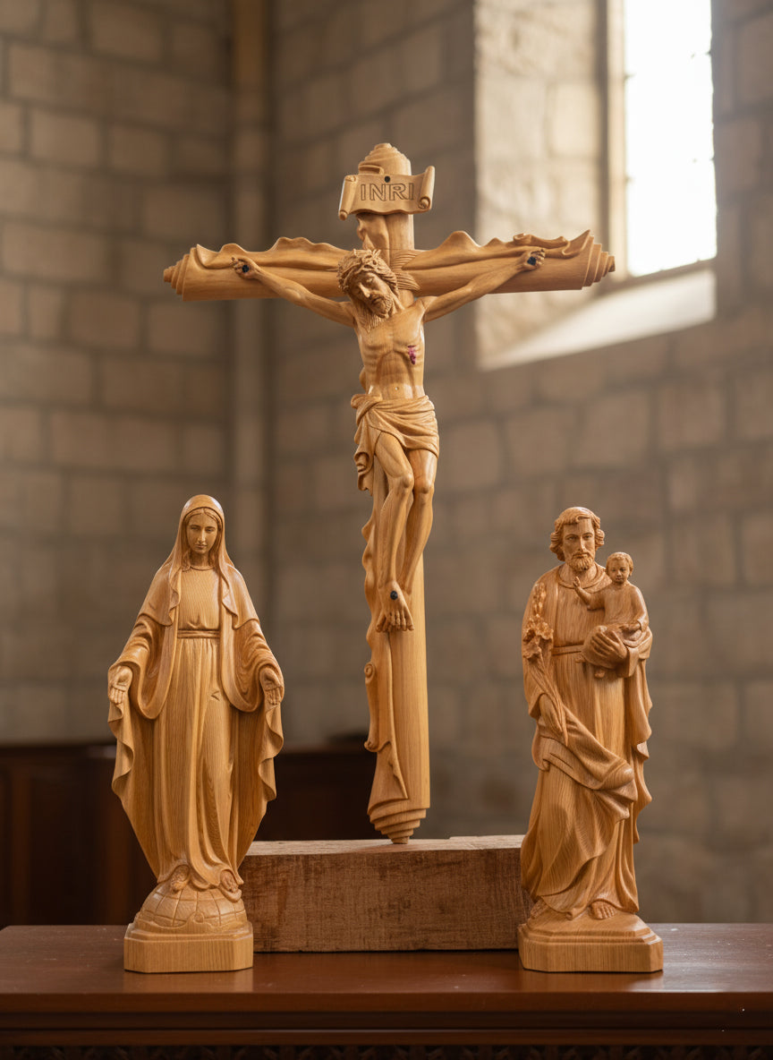 Wooden Catholic Statue Set, Crucifix Jesus Cross with Virgin Mary and Saint Joseph, Handmade Christian Religious Home Altar Decor